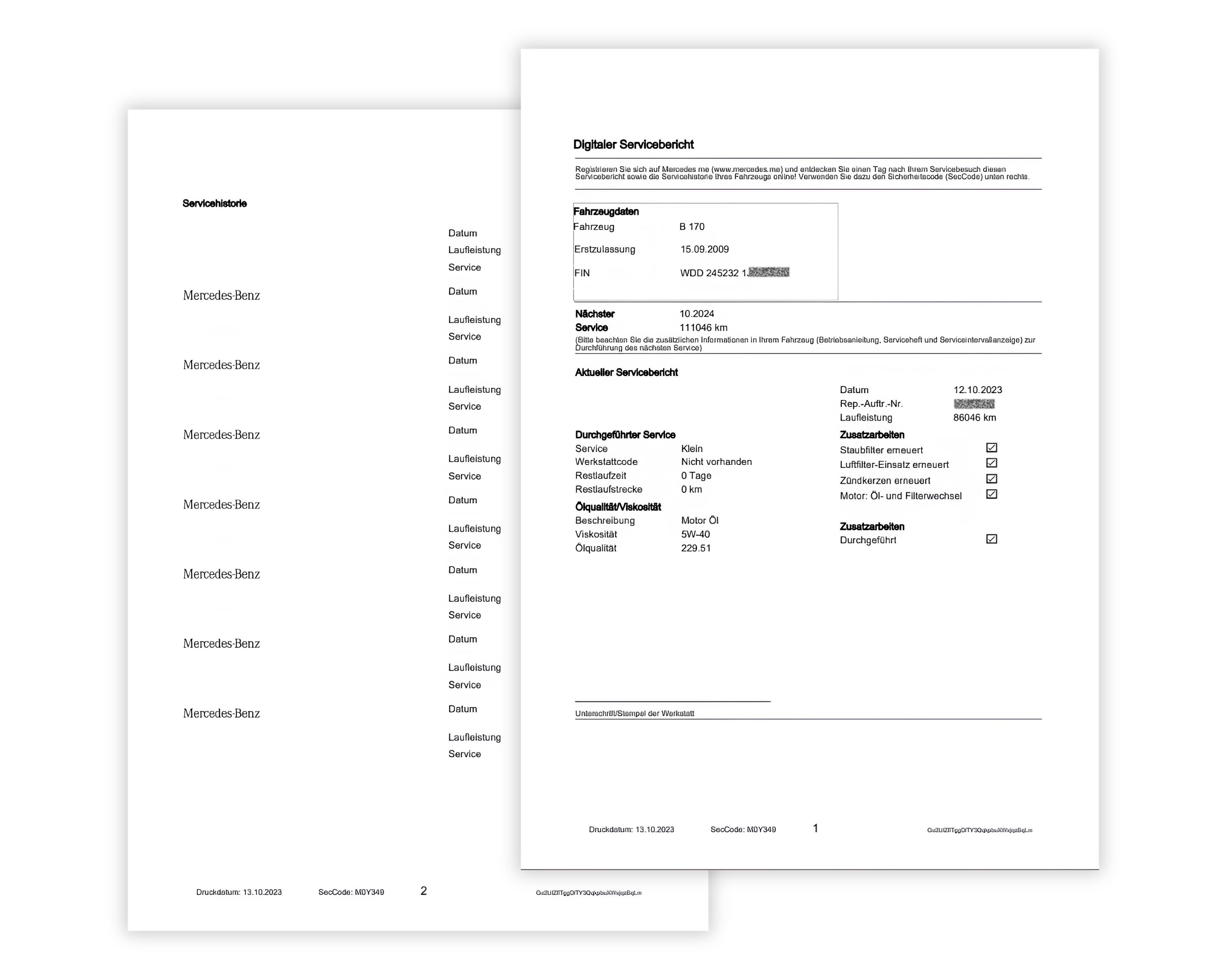 Screenshot einer Webseite mit dem Servicenachweis eines Fahrzeugs, mit Wartungshistorie für Mercedes, einschließlich Servicedaten, Kilometerstand und durchgeführten Arbeiten bei jedem Besuch.