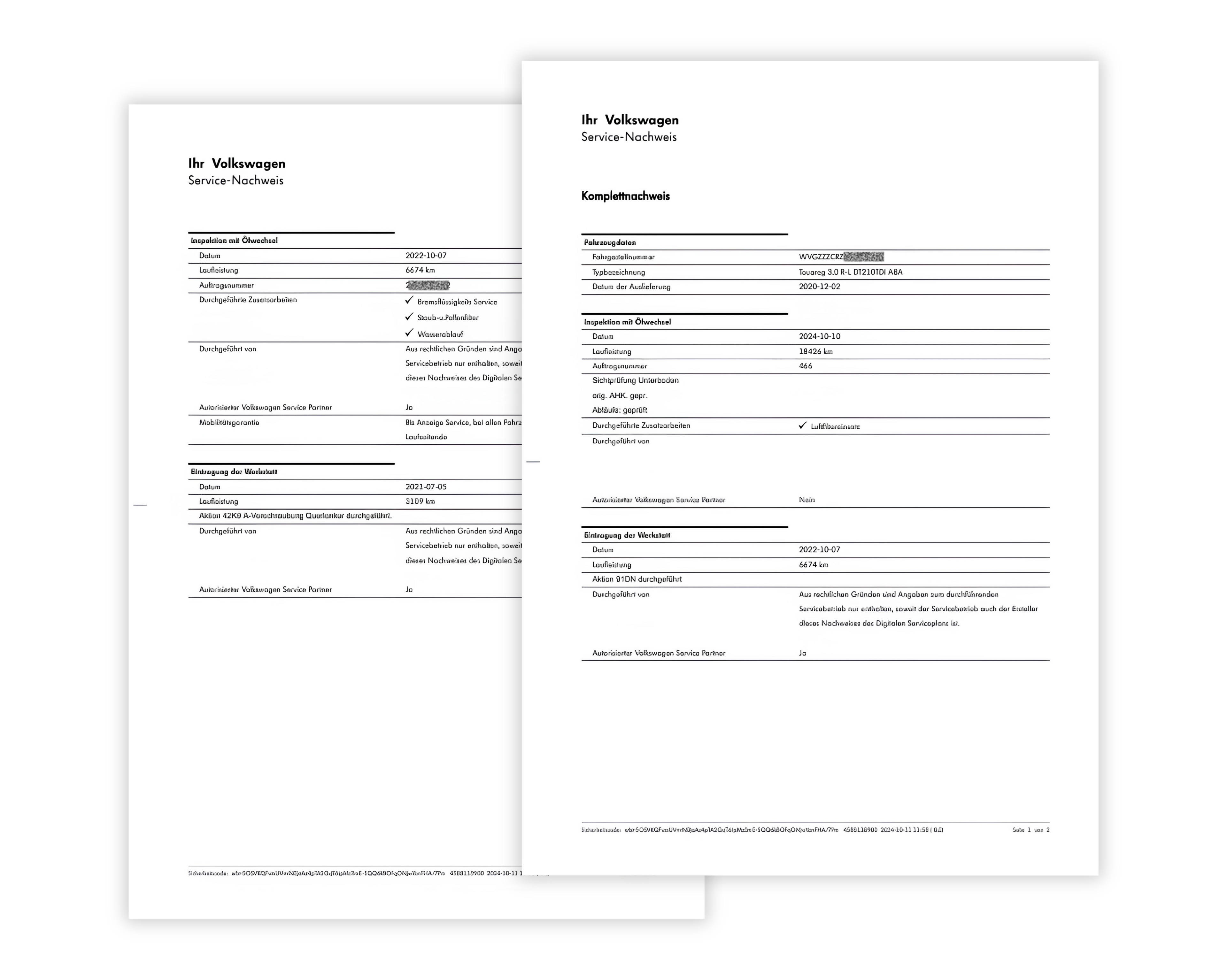 Screenshot einer Webseite mit dem Servicenachweis eines Fahrzeugs, mit Wartungshistorie für Volkswagen, einschließlich Servicedaten, Kilometerstand und durchgeführten Arbeiten bei jedem Besuch.